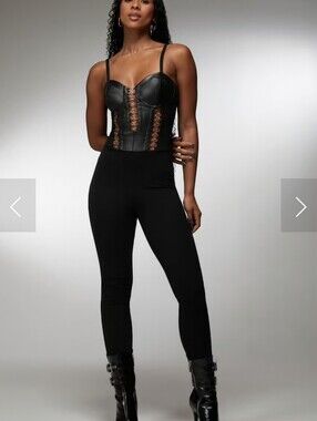 Bebe X Ciara Vegan Leather Combo Ring Detail Catsuit - Black